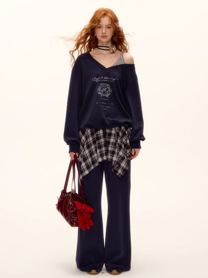 Asymmetric Shoulder Striped Fleece Tracksuit Set