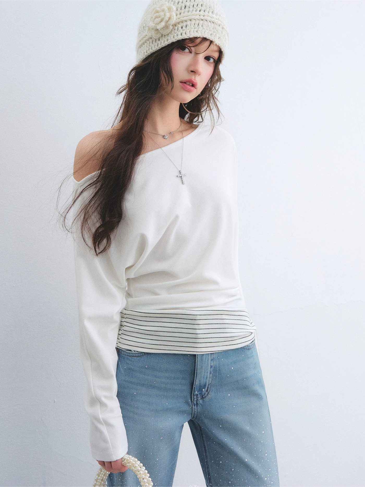 Asymmetric Batwing Sleeve Striped Tie-Hem Long Sleeve Top