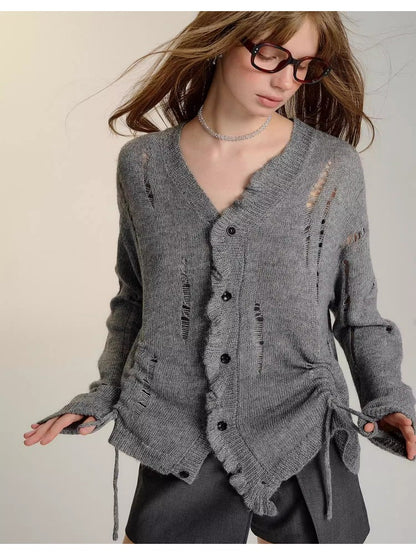 Gray Ruched Knit Cardigan