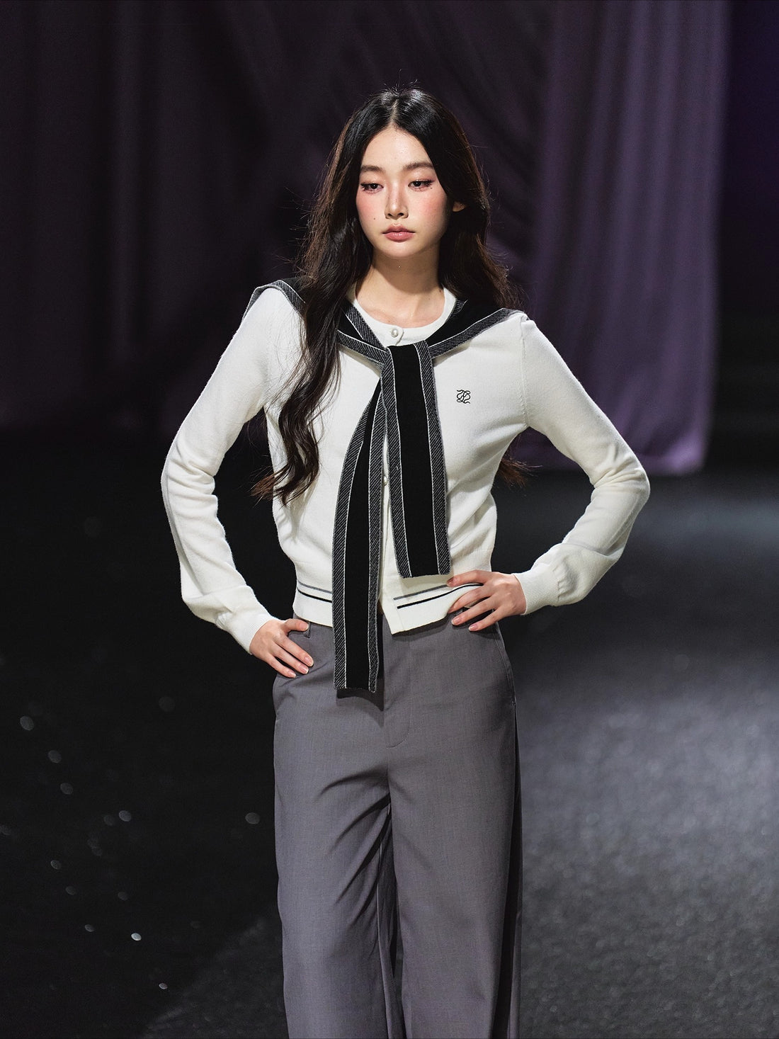 Miu-Inspired Contrast Trim Slim-Fit Knit Cardigan