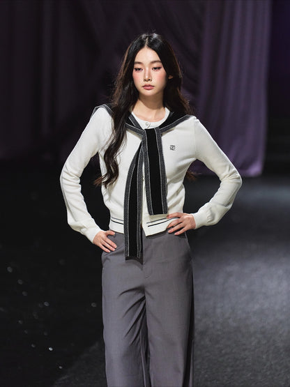 Miu-Inspired Contrast Trim Slim-Fit Knit Cardigan