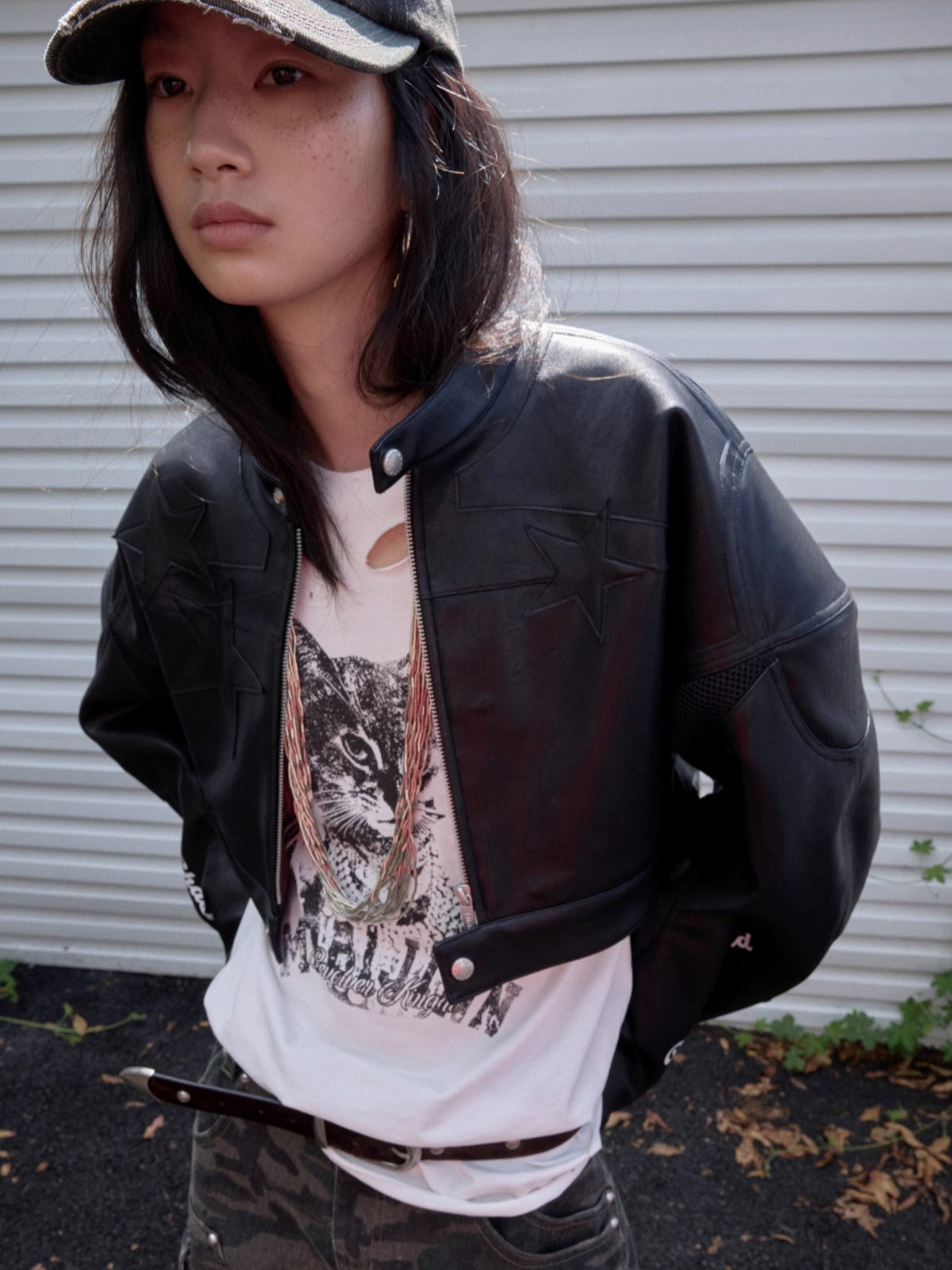 Letter Print Structured Cropped Moto Jacket