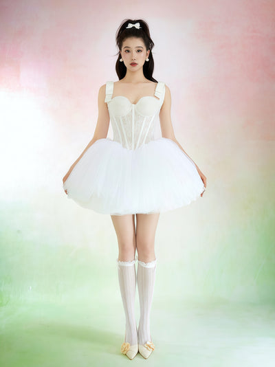Ivory Bow Strap Corset Tulle Mini Dress