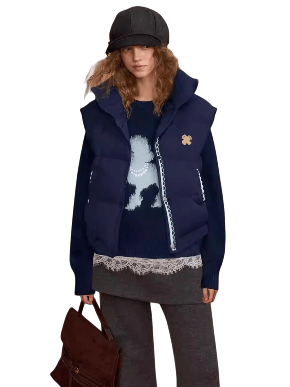 Lace-Paneled Stand-Collar Puffer Vest