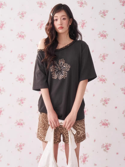 Leopard Rhinestone One-Shoulder T-Shirt