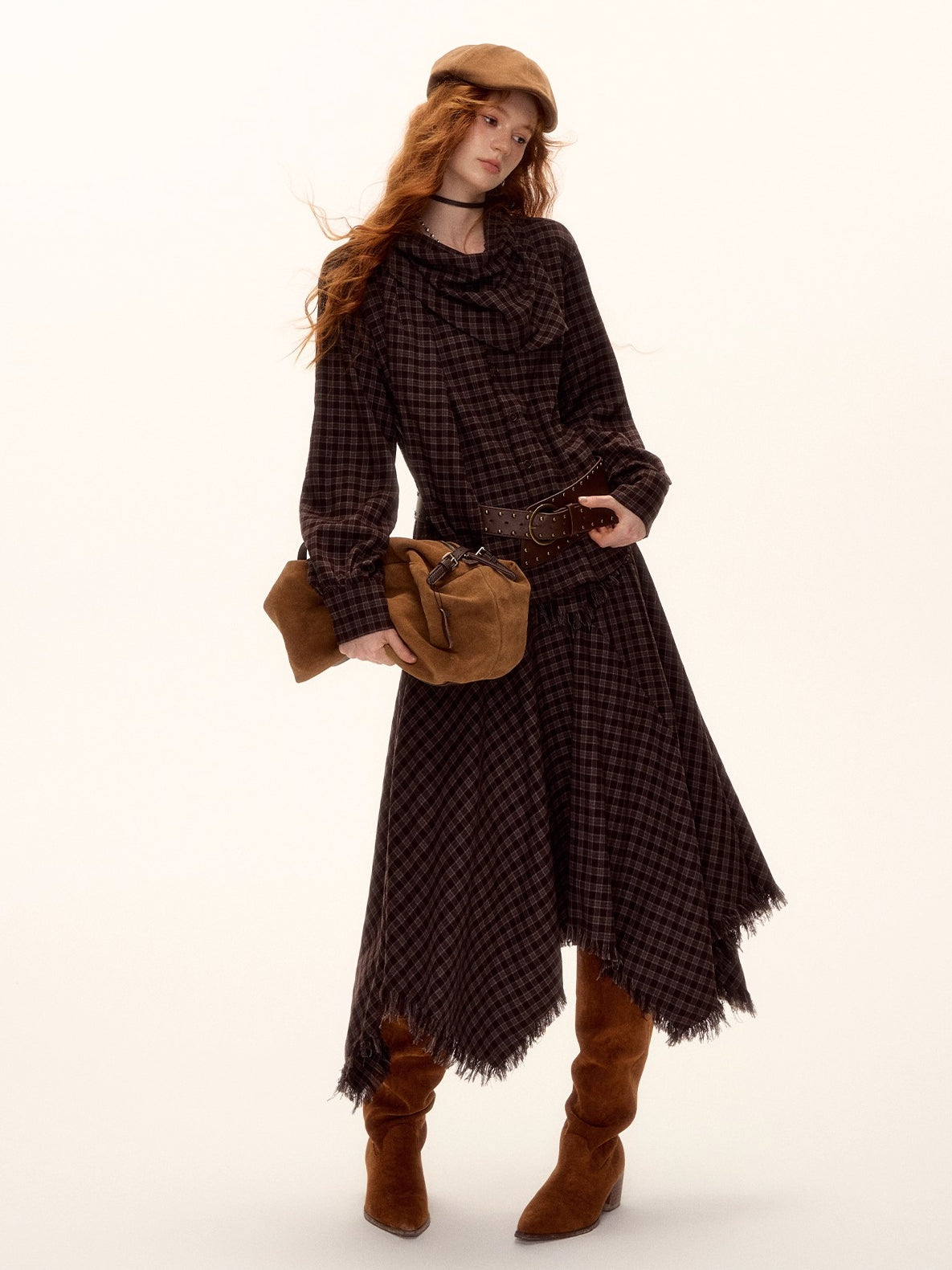 Vintage Plaid Beaded Tie-Scarf Shirt