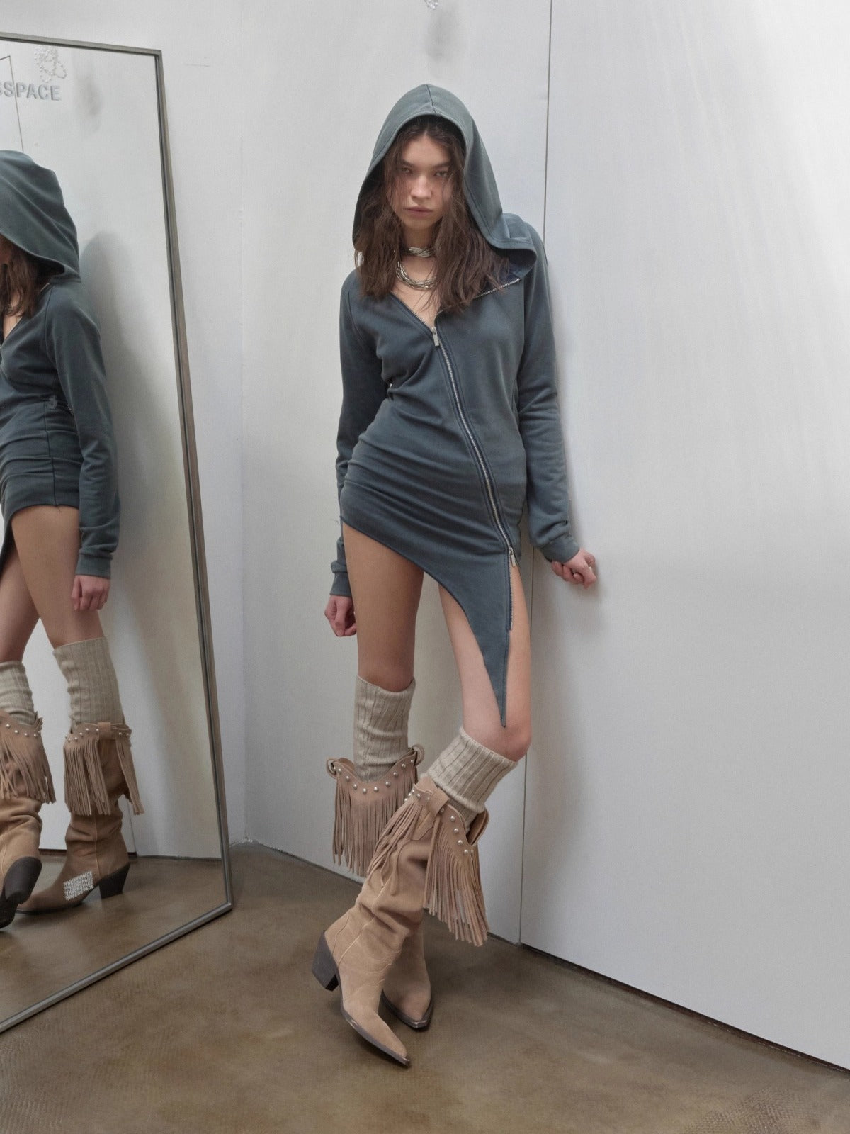 Washed Rhinestone Studded Deconstructed Hoodie Dress