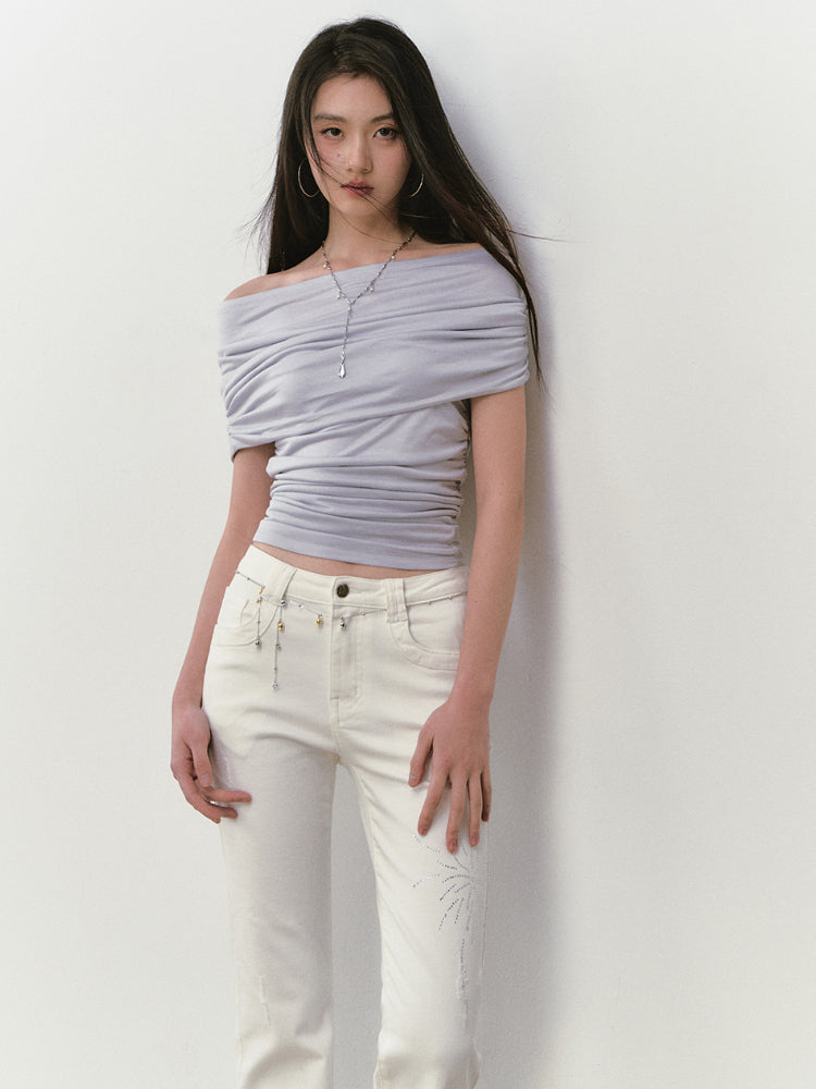 Rhinestone Off-the-Shoulder Pure-Desire Style T-shirt - CHINASQUAD