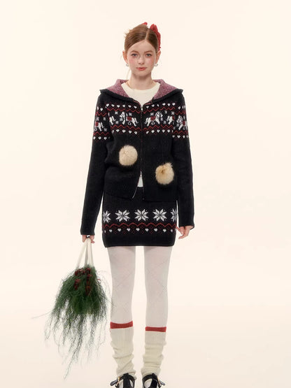 Hooded Knit Cardigan &amp;  Mini Skirt Two-Piece Set