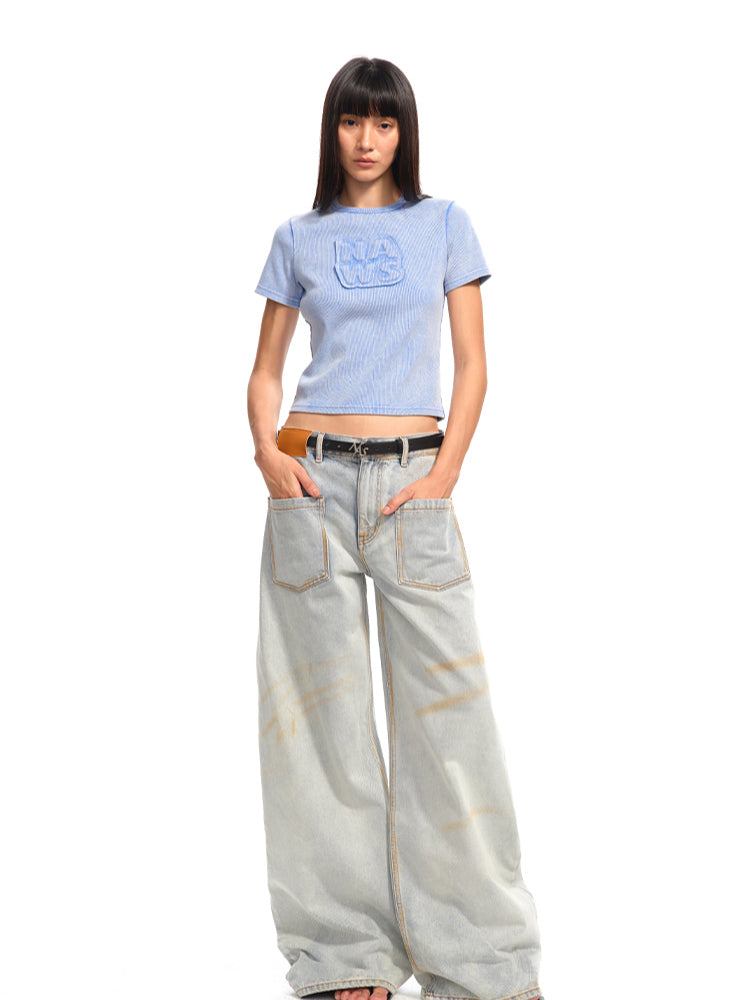 Applique Embroidery Washed Round - Neck Raw - Edge T - shirt - CHINASQUAD