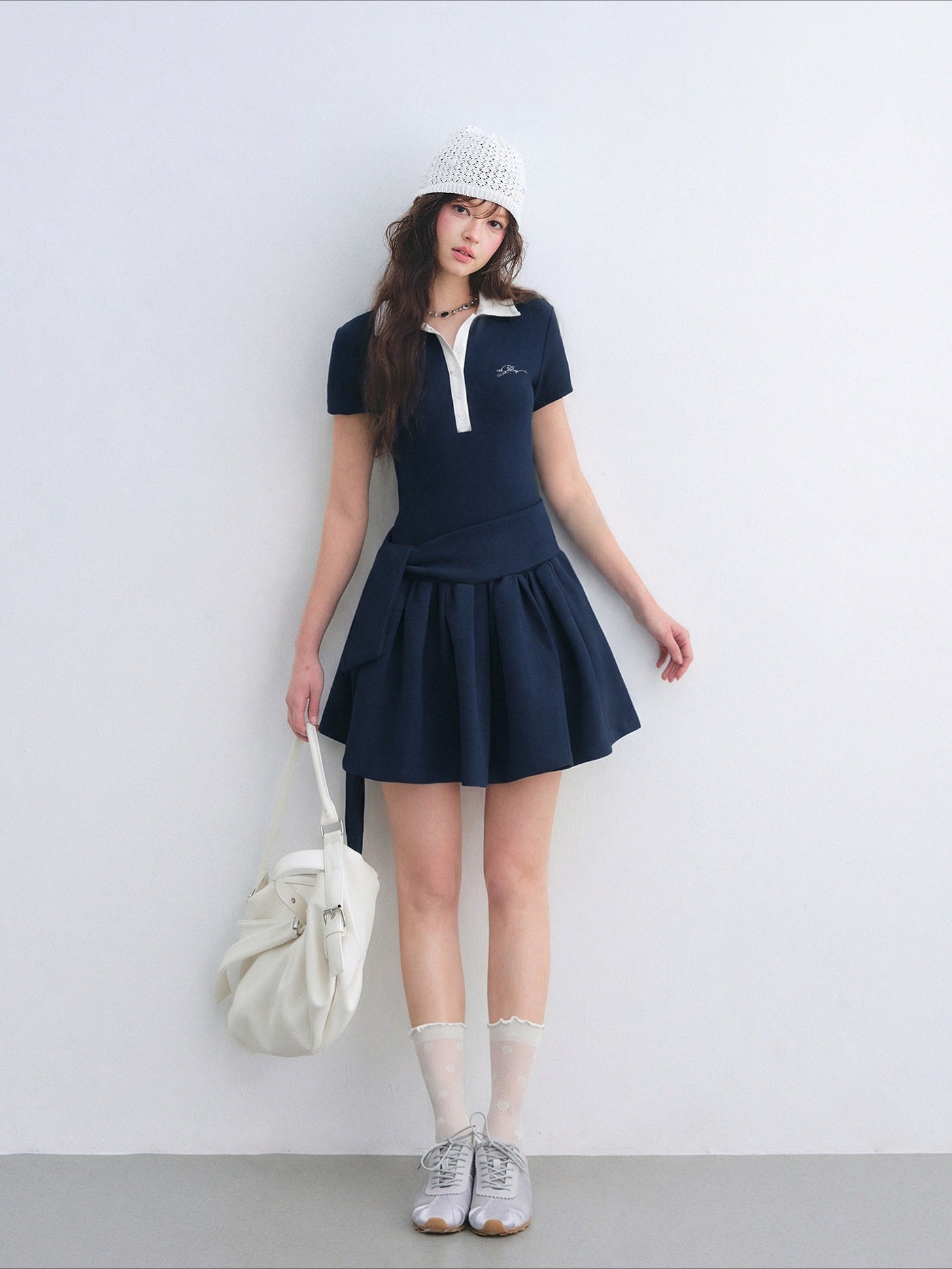 Contrast Polo Collar Puff Dress Two-Piece Set