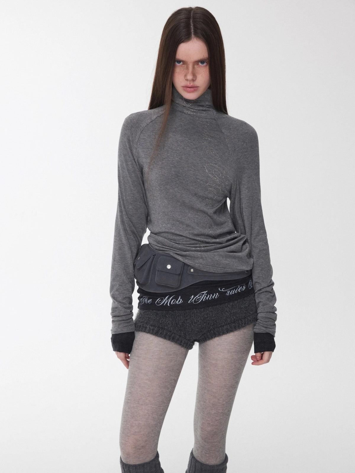 Rhinestone High-Neck Raglan Knit T-Shirt