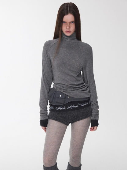 Rhinestone High-Neck Raglan Knit T-Shirt