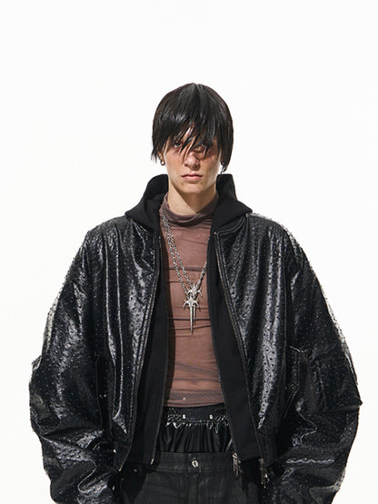 Two-Layer Hooded Sweatshirt Leather Jacket