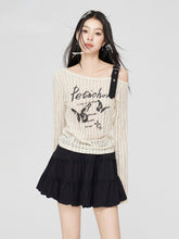 Gray & Beige Hollow Off-shoulder Long Sleeve T-shirt - CHINASQUAD