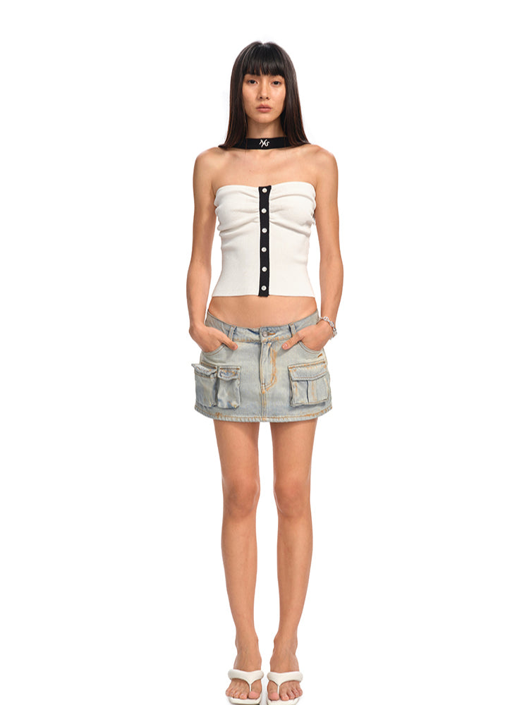 Asymmetric Low - Waist Denim Mini Skirt - CHINASQUAD