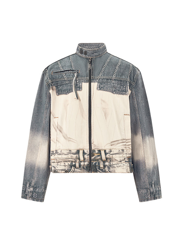 Washed Blue Full Print Denim Biker Jacket