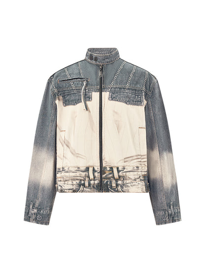 Washed Blue Full Print Denim Biker Jacket