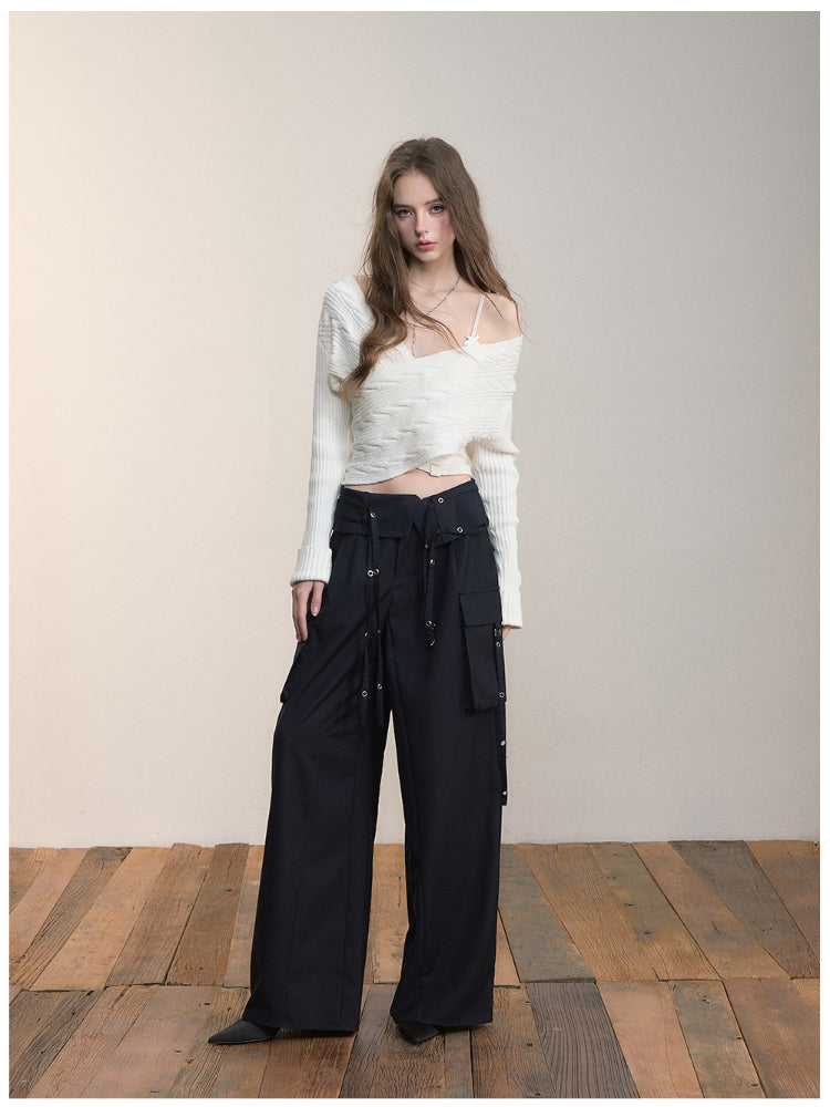 Folded Waist Three-Dimensional Pocket Casual Pants - CHINASQUAD