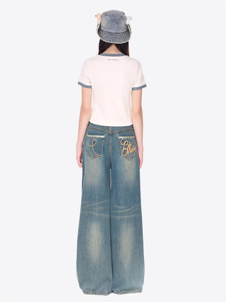 Distressed Plaid Straight-Leg Wide Jeans