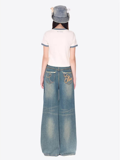 Distressed Plaid Straight-Leg Wide Jeans