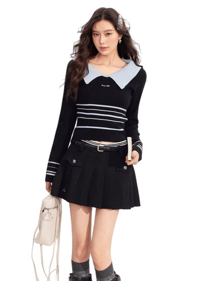 Contrast Collar Striped Knit Polo Top
