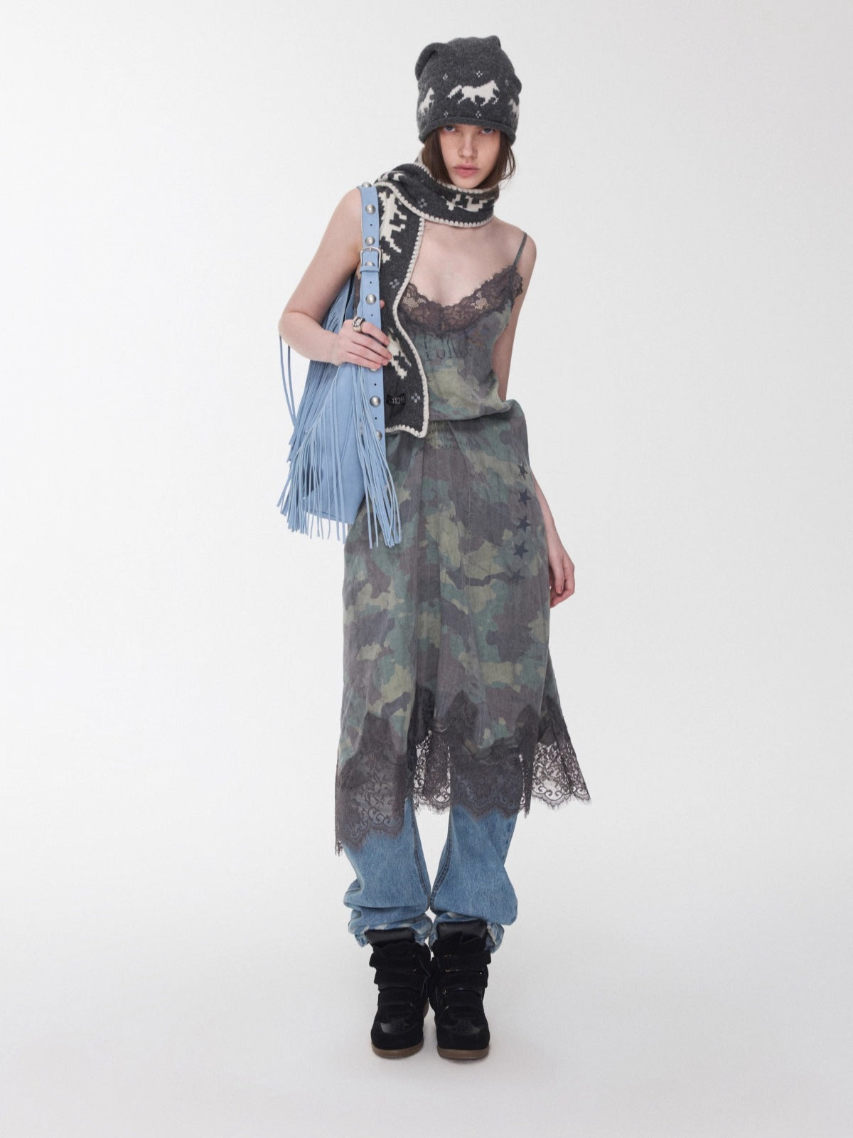 Camouflage Lace-Trim Printed Slip Dress