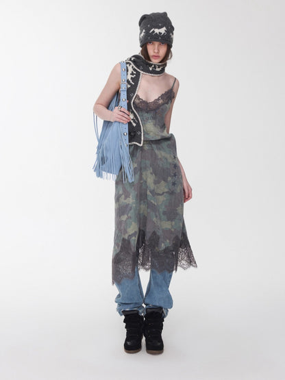 Camouflage Lace-Trim Printed Slip Dress