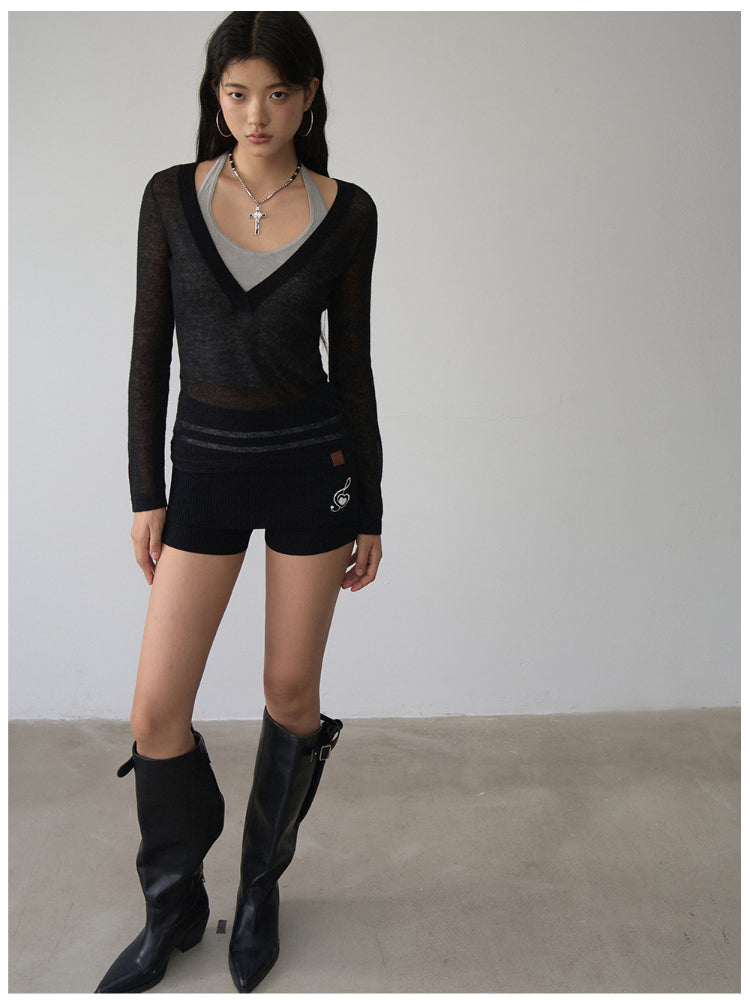 Fake Two-Piece Halter V-Neck Knit Sweater - CHINASQUAD