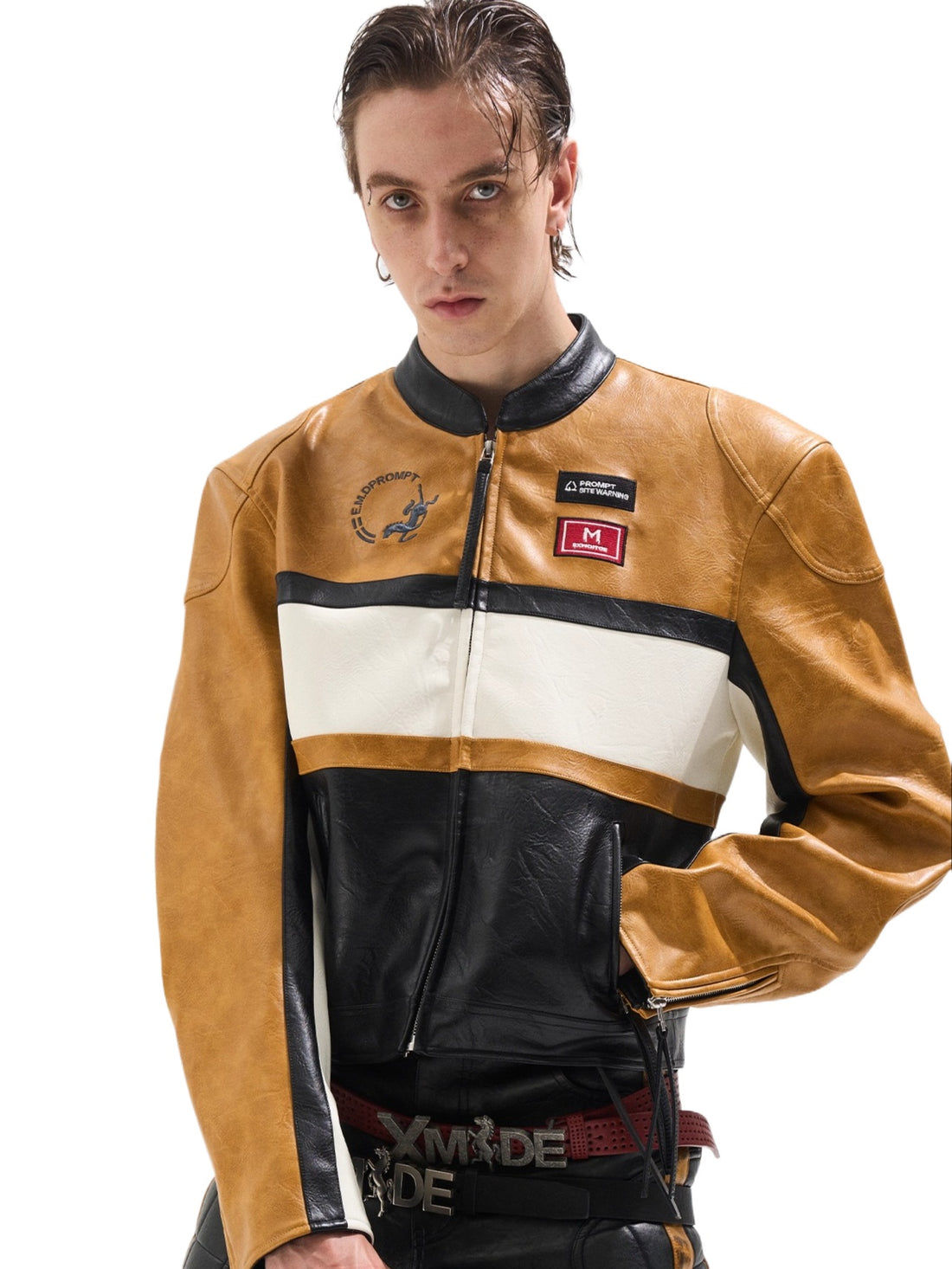 Color-Blocked Cropped Leather Sports Jacket