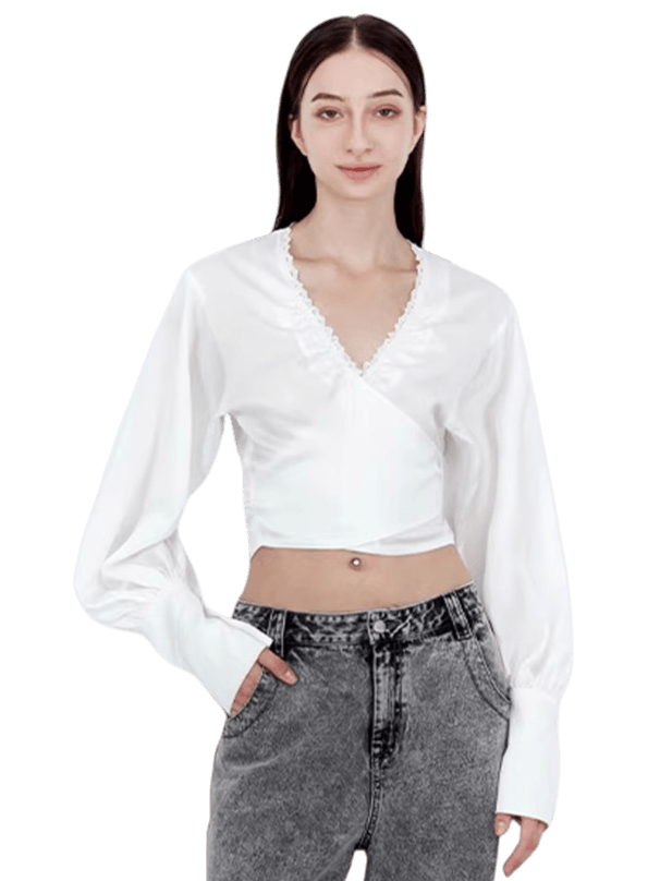 Convertible Ruched V-Neck Acetate Blouse