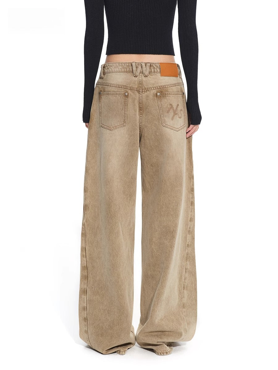 &quot;Rose Series&quot; Washed Twill Wide-Leg Denim Jeans