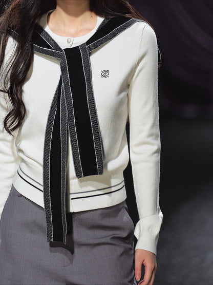 Miu-Inspired Contrast Trim Slim-Fit Knit Cardigan