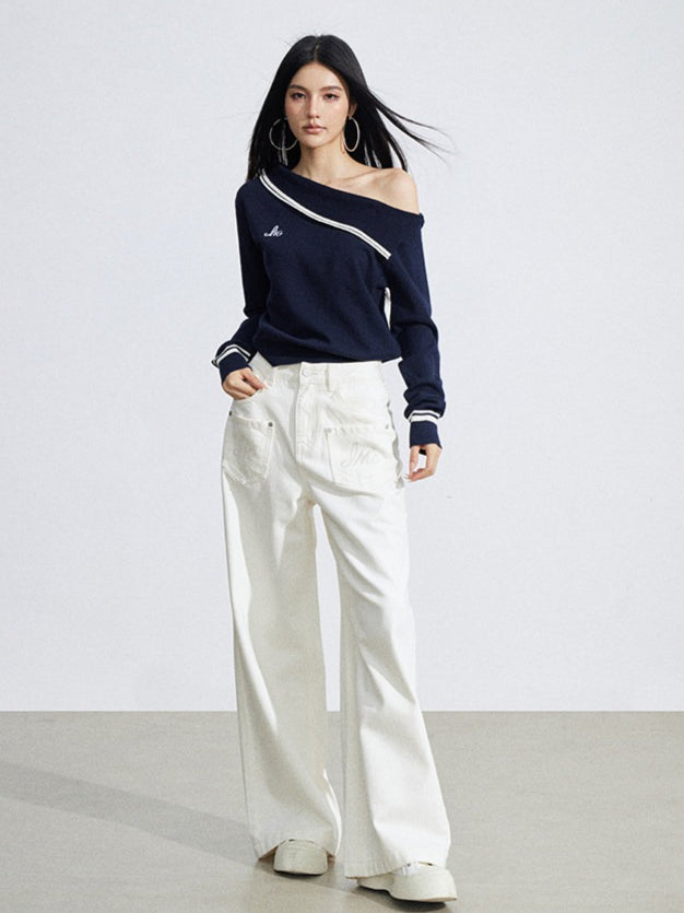 Embroidered Pocket Wide-Leg Denim Jeans