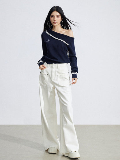 Embroidered Pocket Wide-Leg Denim Jeans