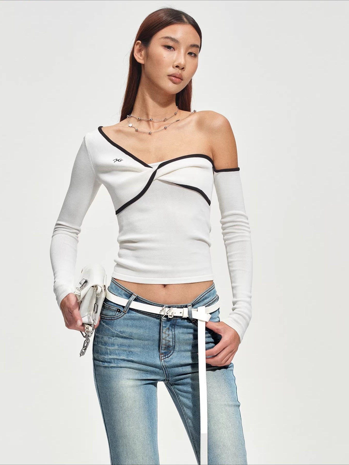 Sculpted Twist Asymmetric Off-Shoulder Knit Crewneck