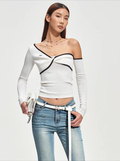 Sculpted Twist Asymmetric Off-Shoulder Knit Crewneck