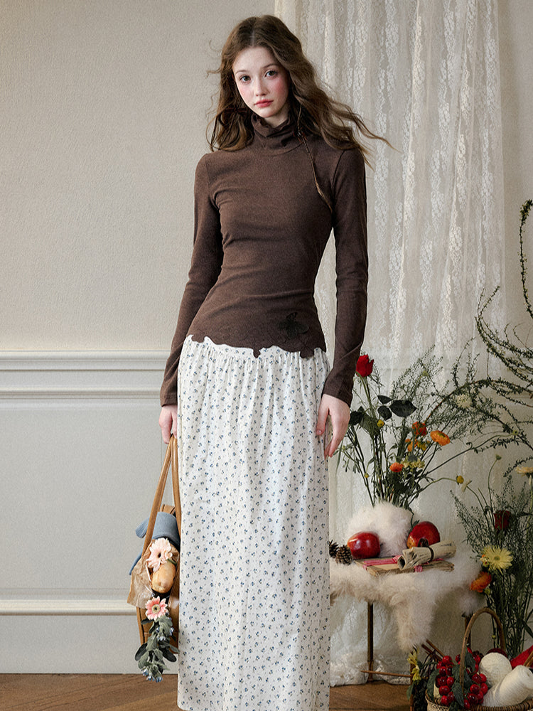 High-Waisted Slim Hand-Drawn Floral Skirt