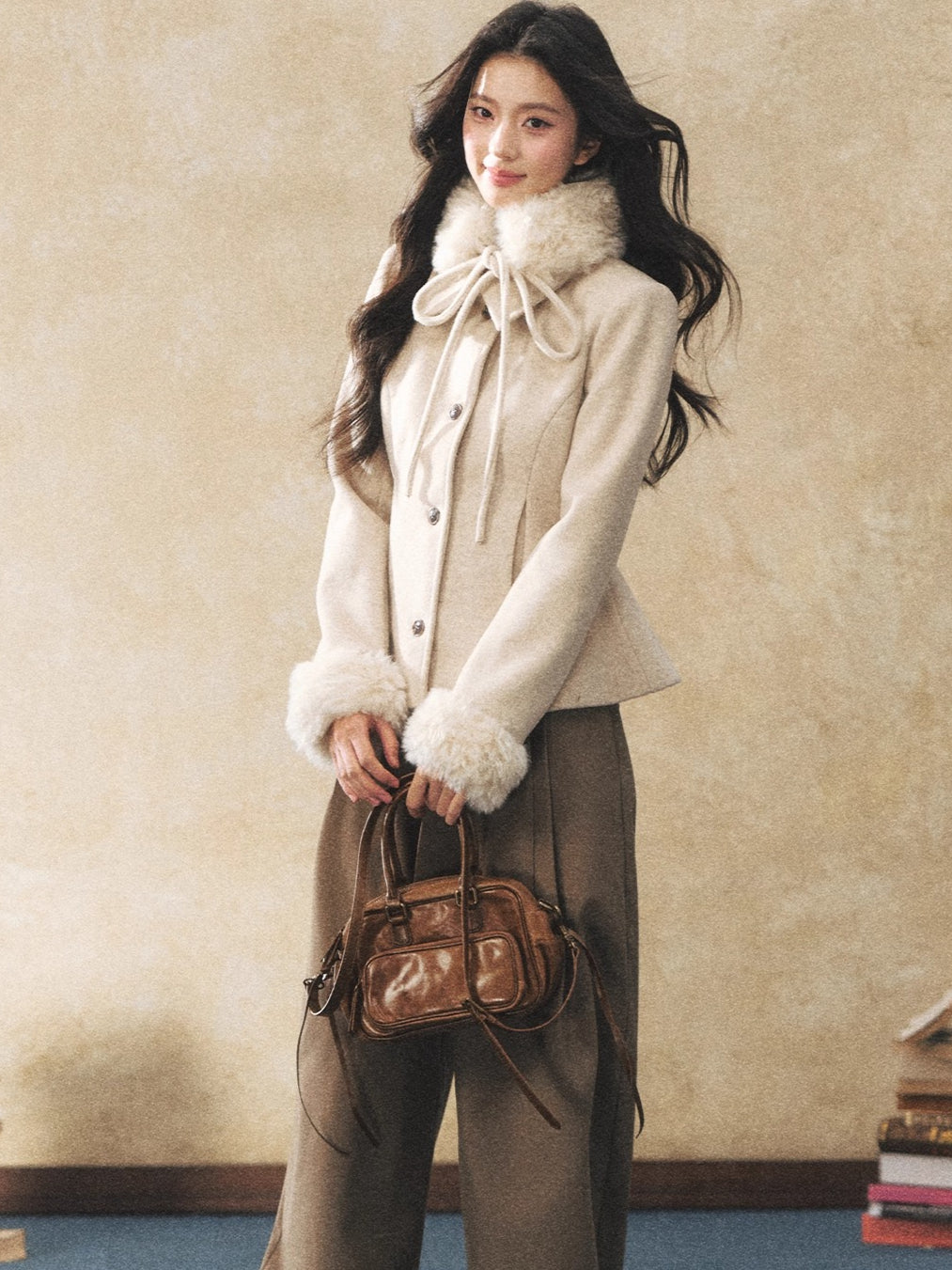 Khaki Fluid Wide-Leg Pleated Trousers