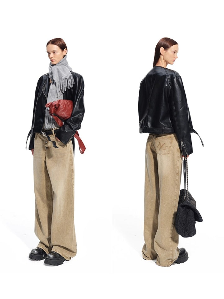 &quot;Rose Series&quot; Washed Twill Wide-Leg Denim Jeans