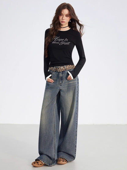 Leather-Patch Wide-Leg Cotton Jeans