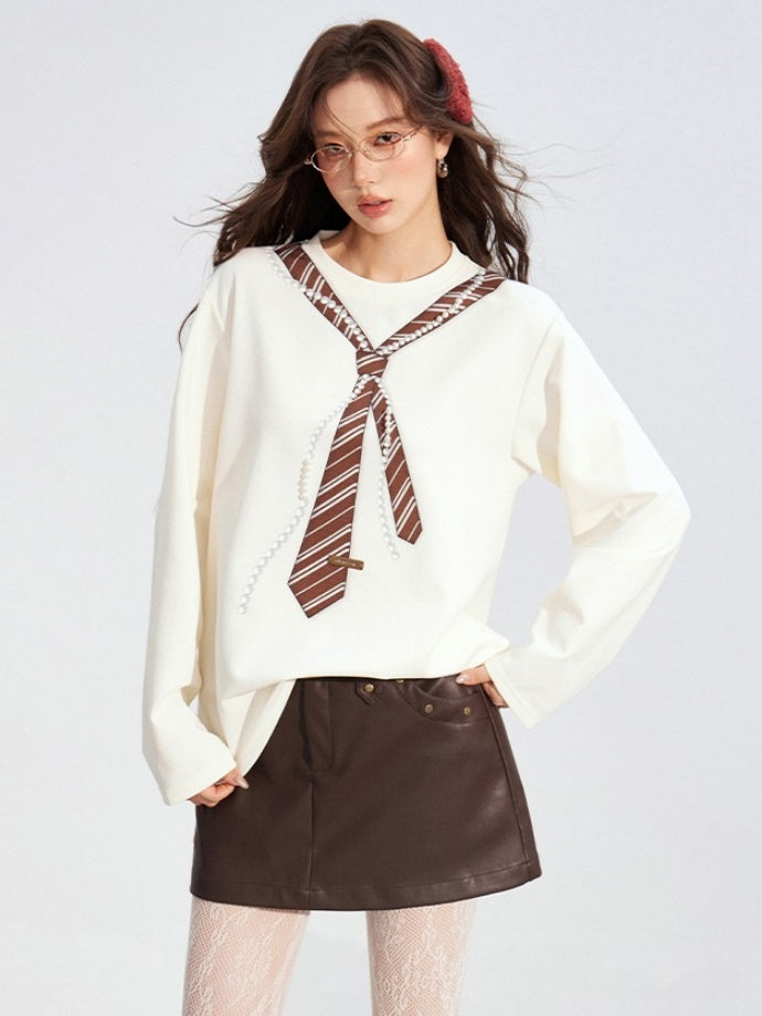 Pearl-Tie Printed Relaxed Long Sleeve T-Shirts