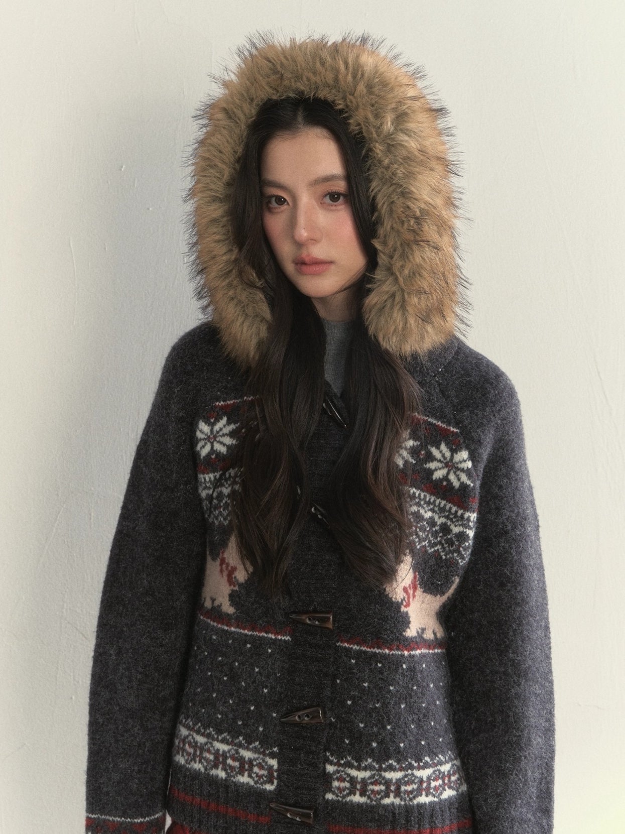 Charcoal Fair Isle Puppy Faux Fur Collar Knit Jacket