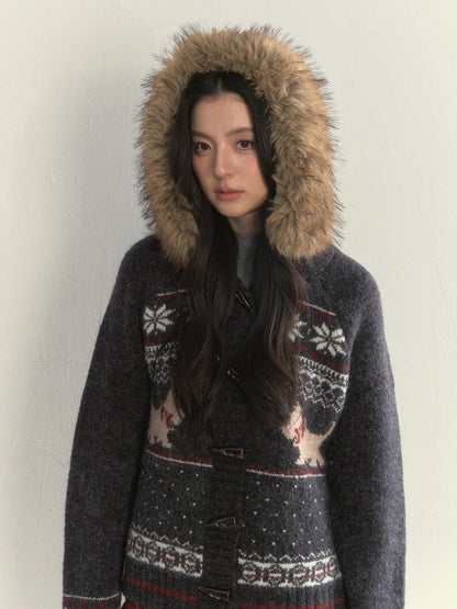 Charcoal Fair Isle Puppy Faux Fur Collar Knit Jacket