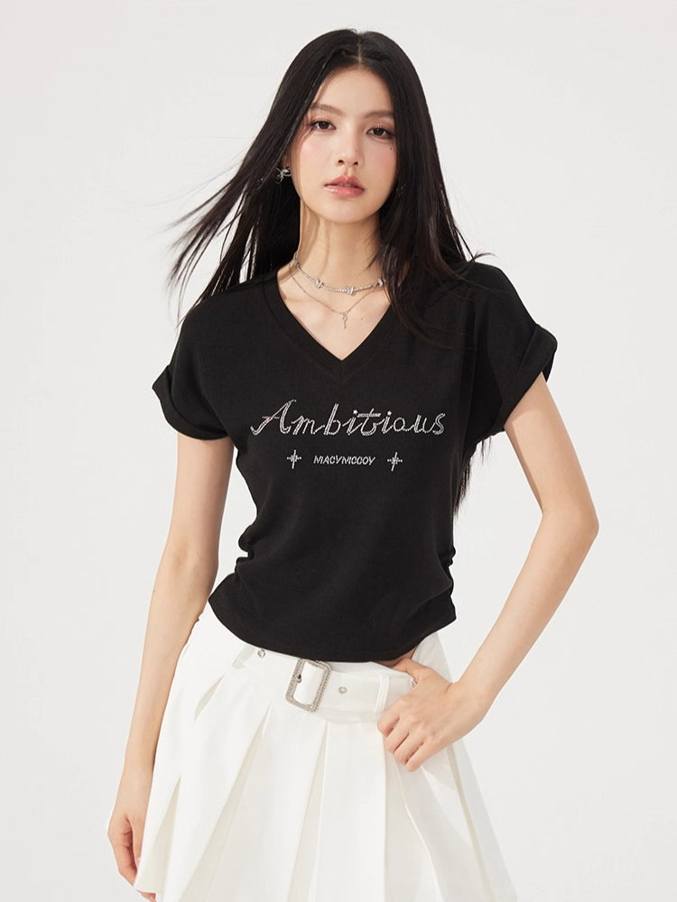 V-neck Waist-cinching Rhinestone Tee