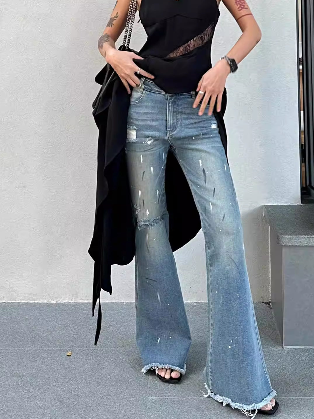 Paint-Splatter Flared Denim Pants