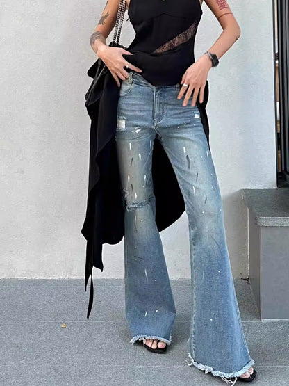 Paint-Splatter Flared Denim Pants