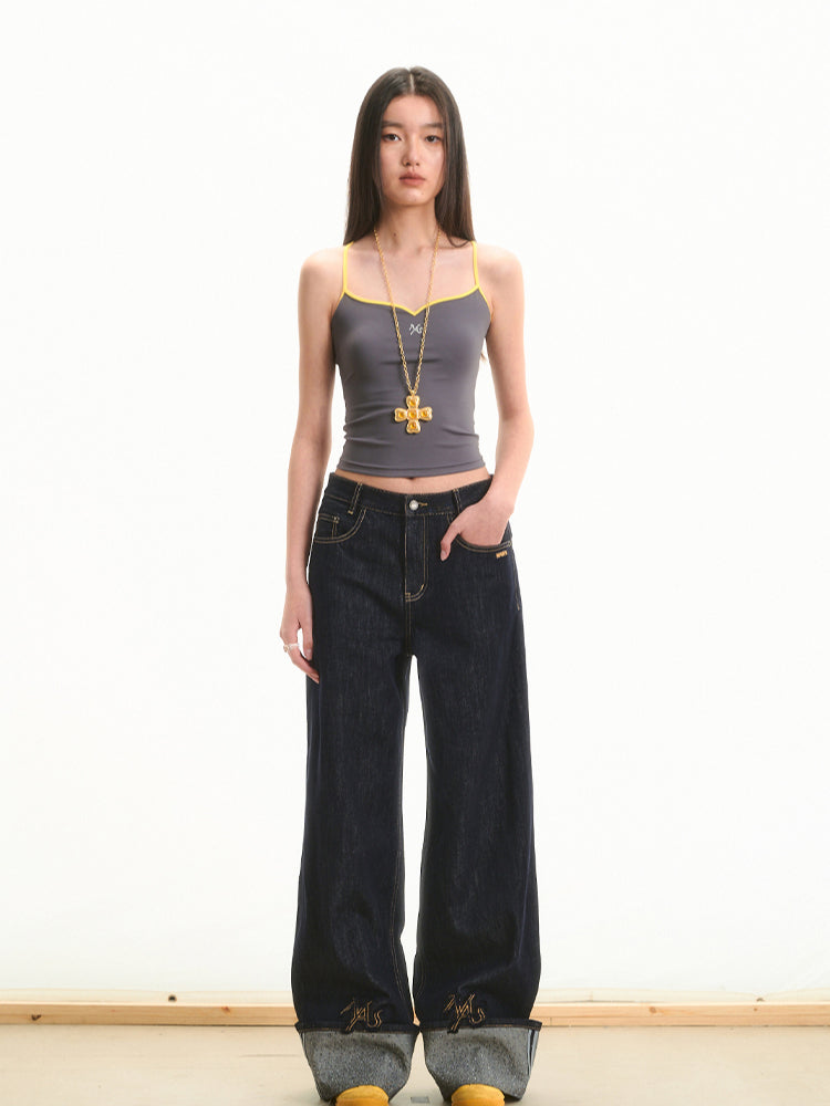 Transparent Rhinestone Straight-Leg Jeans