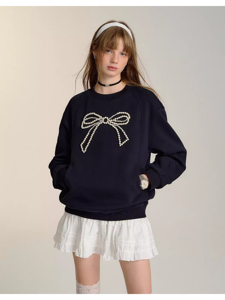 Gray &amp; Navy Blue Butterfly Knot Beaded Pullover Sweatshirt