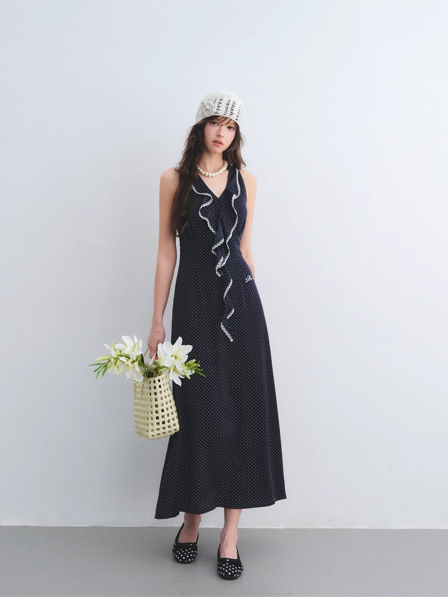 Navy Polka Dot Lace Ruffle V-Neck Sleeveless Midi Dress